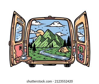 schöner Bergblick in der Automobil-Illustration