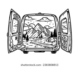 beautiful mountain view in the car line illustration