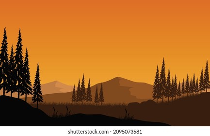 Beautiful mountain view from the countryside at dusk with the silhouettes of pine trees around them. Vector illustration of a city