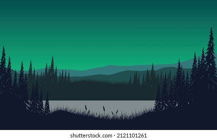 Beautiful mountain view of the countryside with silhouettes of pine trees and river around