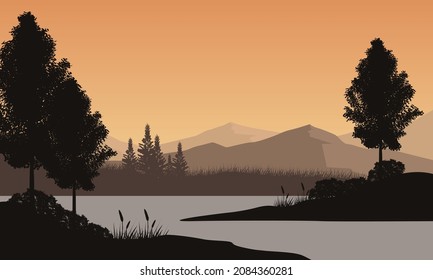 The beautiful mountain view in the evening from the riverbank with the silhouette of the pine trees around it. Vector illustration of a city