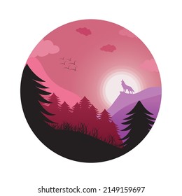 Beautiful mountain view of full moon night surrounded by forest and trees. A fox is standing on a hill. Vector illustration landscape, Full moon and a Starry sky, nature circle landscape in the forest