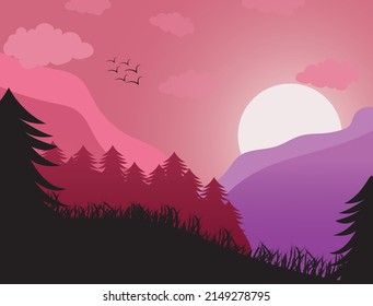 Beautiful mountain view of full moon night surrounded by forest, tree and hill. A fox is standing on a hill. Vector illustration landscape, full moon and a starry sky, nature landscape in the forest.