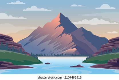 Schöne Bergsicht. Ein großer Berg, umgeben von einem Fluss. Vektorgrafik.