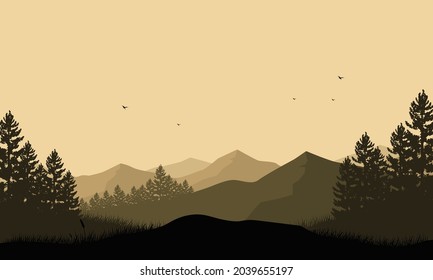 The beautiful mountain view in the morning from the countryside with the silhouette of the pine trees around it. Vector illustration of a city