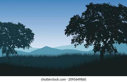 The beautiful mountain view in the morning from the edge of the rural rice fields with the silhouette of the large trees around it. Vector illustration of a city