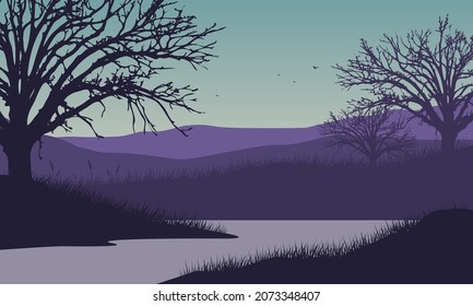 The beautiful mountain view in the morning from the lakeside with the silhouette of dry trees around it. Vector illustration of a city