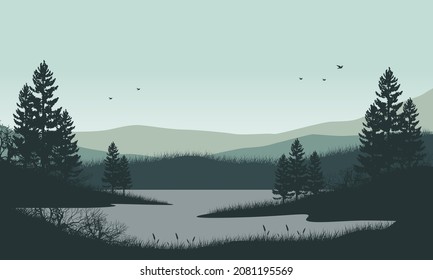 The beautiful mountain view in the morning from the riverside with the silhouettes of pine trees around it. Vector illustration of a city