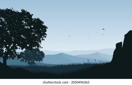 The beautiful mountain view in the morning from the suburb with the silhouettes of large trees around it. Vector illustration of a city