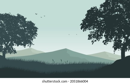 Beautiful mountain view in the morning from the suburb with the silhouettes of large and aesthetic trees. Vector illustration of a city
