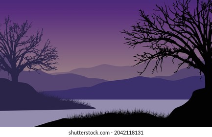 The beautiful mountain view at night from the riverbank with the silhouette of the trees around it. Vector illustration of a city