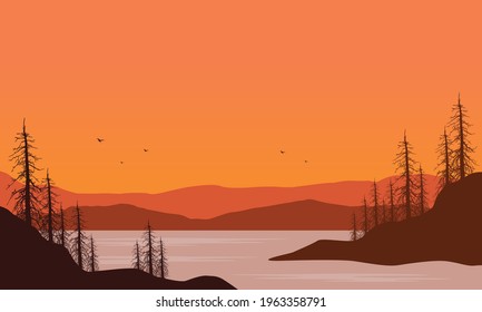 Beautiful Mountain View from the river bank at dusk in the evening. Vector illustration of a city
