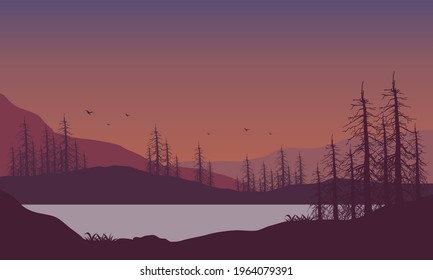 Beautiful Mountain View from the riverbank at dusk with dry trees around it. Vector illustration of a city
