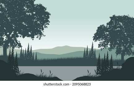 The beautiful mountain view from the riverbank in the morning with the silhouette of the trees around it. Vector illustration of a city