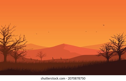 The beautiful mountain view with the silhouette of dry trees from the countryside at dusk in the afternoon. Vector illustration of a city
