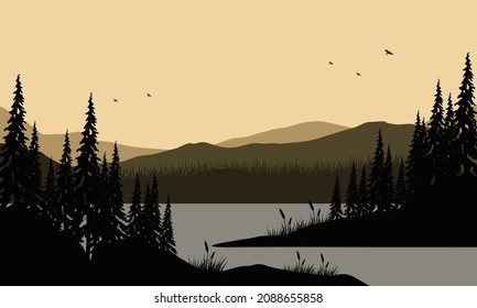 The beautiful mountain view with the silhouette of the pine trees from the lakeside at dusk. Vector illustration of a city