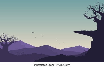 Beautiful Mountain views with aesthetic tree silhouettes in the morning. Vector illustration of a city