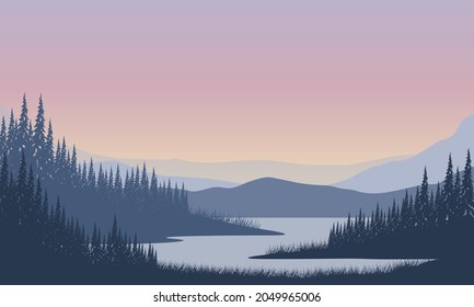 Beautiful mountain views in the afternoon from the riverbank with the silhouette of pine trees around it. Vector illustration of a city