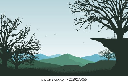 Beautiful mountain views in the countryside at sunrise with an aesthetically pleasing silhouette of dry tree branches. Vector illustration of a city