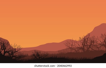 Beautiful mountain views at dusk from the countryside with dry tree silhouettes around it. Vector illustration of a city