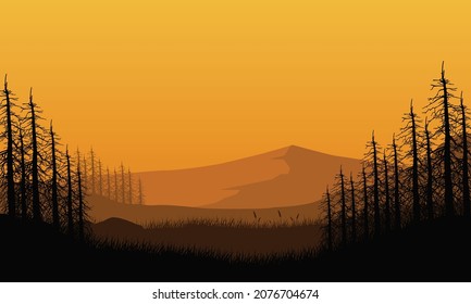 Beautiful mountain views at dusk from the village with the silhouette of pine trees around it. Vector illustration of a city
