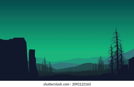 Beautiful mountain views from the edge of rural rice fields at night. Vector illustration of a city