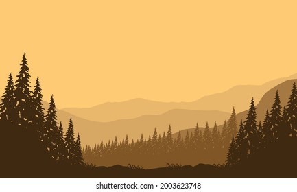 Beautiful Mountain views in the evening from the out of town with the silhouette of pine trees around it. Vector illustration of a city