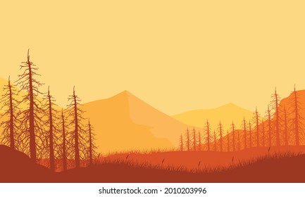 Por la noche, desde las afueras de la ciudad, se pueden admirar bonitas vistas a las montañas, con la silueta de pinos a su alrededor. Ilustración vectorial de una ciudad