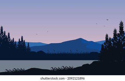 Beautiful mountain views from the lakeside with the silhouette of the trees at dusk. Vector illustration of a city
