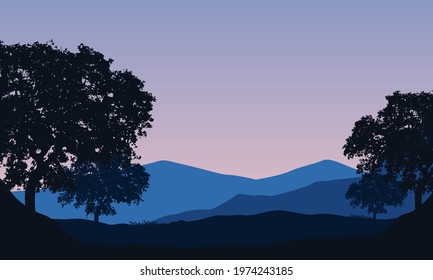 Beautiful Mountain views in the morning with panoramic silhouettes of aesthetic trees. Vector illustration of a city