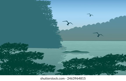 Beautiful mountain views in the morning from the river bank with the silhouettes of dry trees around it. Vector illustration