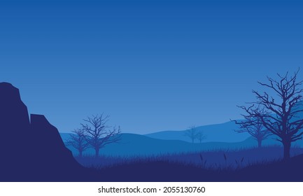 Beautiful mountain views at night from the out of the city with the silhouette of the grass around it. Vector illustration of a city