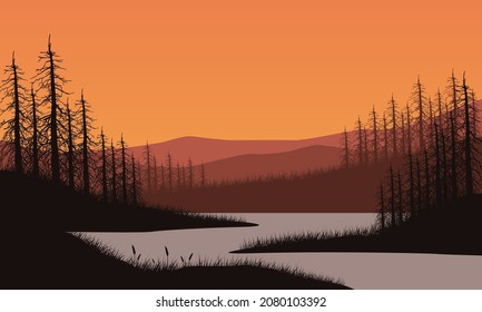 Beautiful mountain views from the river bank at dusk with fantastic silhouettes of pine trees. Vector illustration of a city