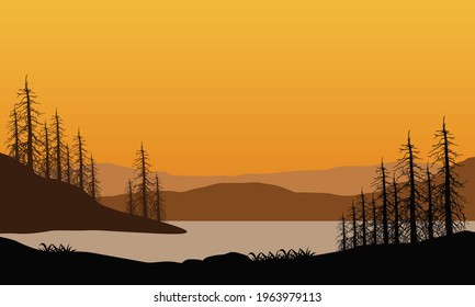 Beautiful Mountain views from the riverbank at dusk in the evening. Vector illustration of a city