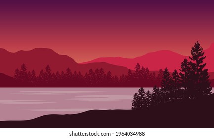 Beautiful Mountain views from the riverbank at sunset. Vector illustration of a city