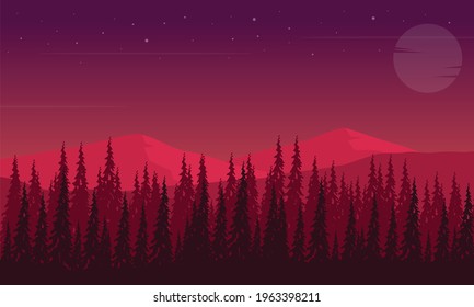 Beautiful mountain views with silhouettes of cypress trees at night from the suburbs. Vector illustration of a city