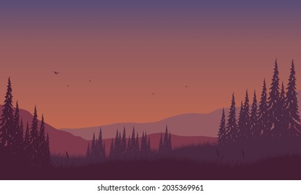 Beautiful mountain views from the suburb at dusk with the silhouette of the surrounding pine trees. Vector illustration of a city
