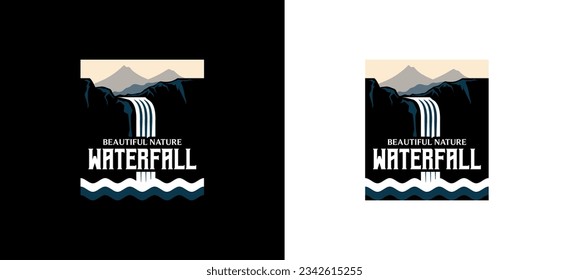 Beautiful mountain waterfall logo design vector illustration