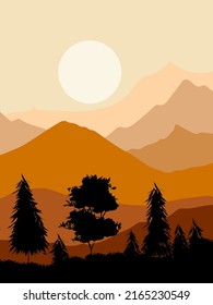 Hermosa montaña, colina con sol, paisaje lunar de fondo vectorial.