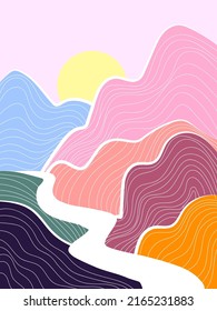 Beautiful mountain,hill,river,lake landscape vector illustration background.