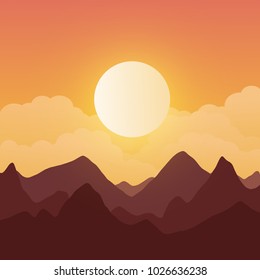 Beautiful Mountainous Landscape Background at Sunset. Vector Illustration