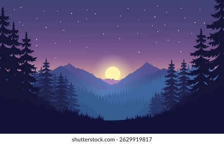 Beautiful Mountains Explore Nature Landscape with Pine Trees in Forest with Sun in Dawn Sky