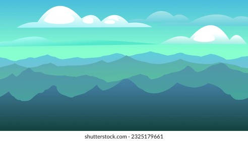 Beautiful mountains. Far horizon landscape. Sharp rock peaks and hills. Ridge and range. Cartoon fun style. Flat design. Vector