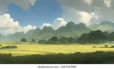 Beautiful Mountains and Farmlands Scenery Detailed Hand Drawn Painting Illustration