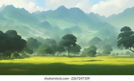 Beautiful Mountains and Farmlands Scenery Detailed Hand Drawn Painting Illustration