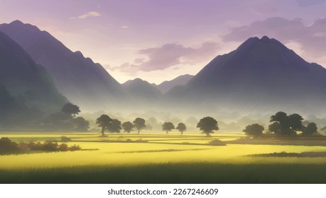 Beautiful Mountains and Farmlands Scenery during Sunset or Sunrise Detailed Hand Drawn Painting Illustration