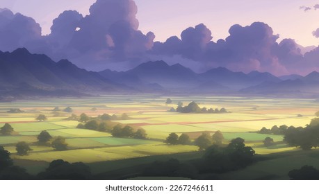 Beautiful Mountains and Farmlands Scenery during Sunset or Sunrise Detailed Hand Drawn Painting Illustration