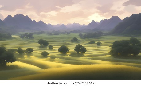 Beautiful Mountains and Farmlands Scenery during Sunset or Sunrise Detailed Hand Drawn Painting Illustration