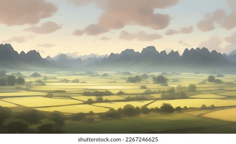 Beautiful Mountains and Farmlands Scenery during Sunset or Sunrise Detailed Hand Drawn Painting Illustration