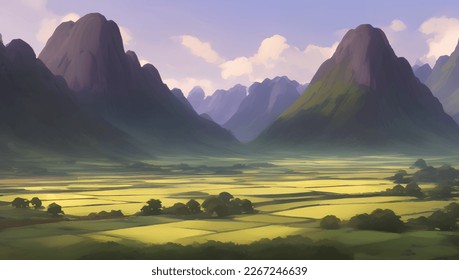 Beautiful Mountains and Farmlands Scenery during Sunset or Sunrise Detailed Hand Drawn Painting Illustration